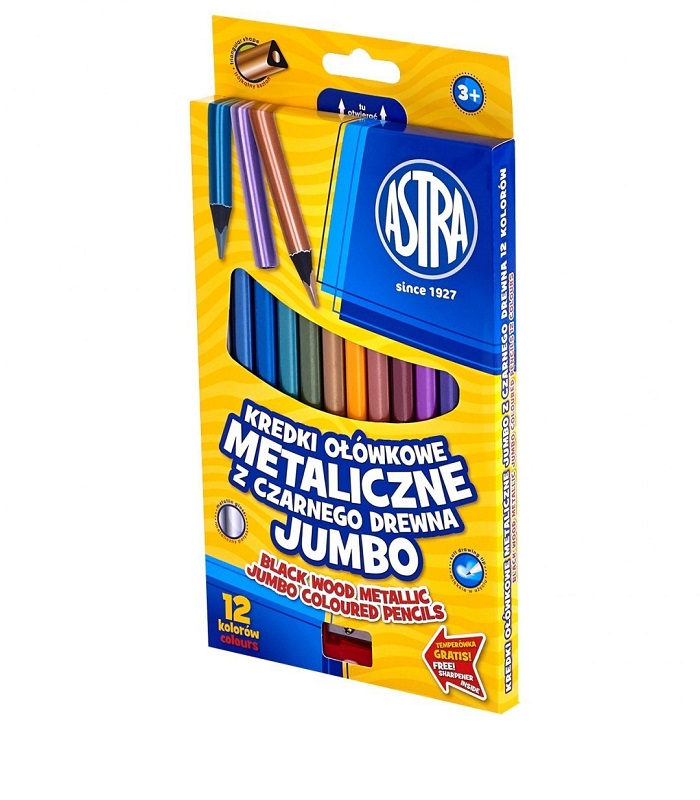 ASTRA Jumbo metallic round coloured pencils - 12 colors with sharpener