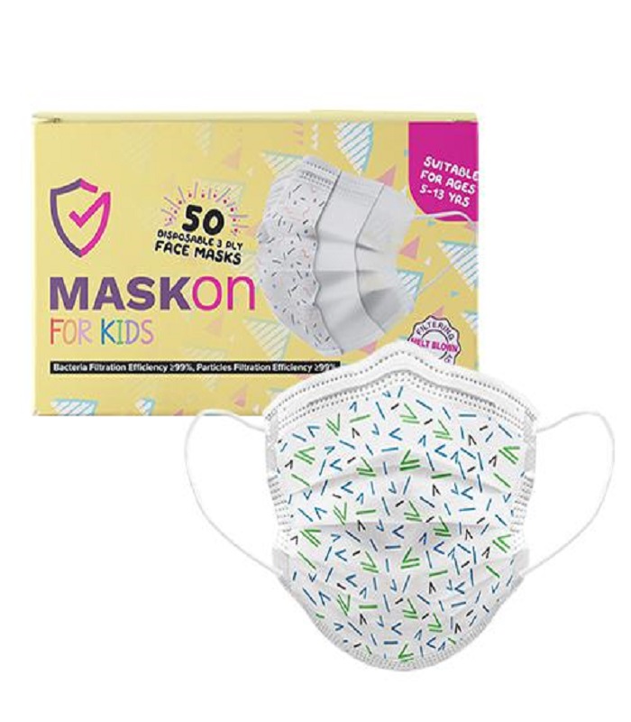 MaskOn Kids: KIDS - GREEN & BLUE TRIBAL - 50 Pack