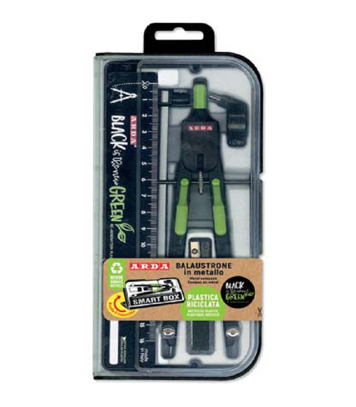 ARDA Black is the New Green Compass WITH ARTICULATED RODS AND EXTENSION + Ruler in SMART BOX ( Re-generation Plastic )