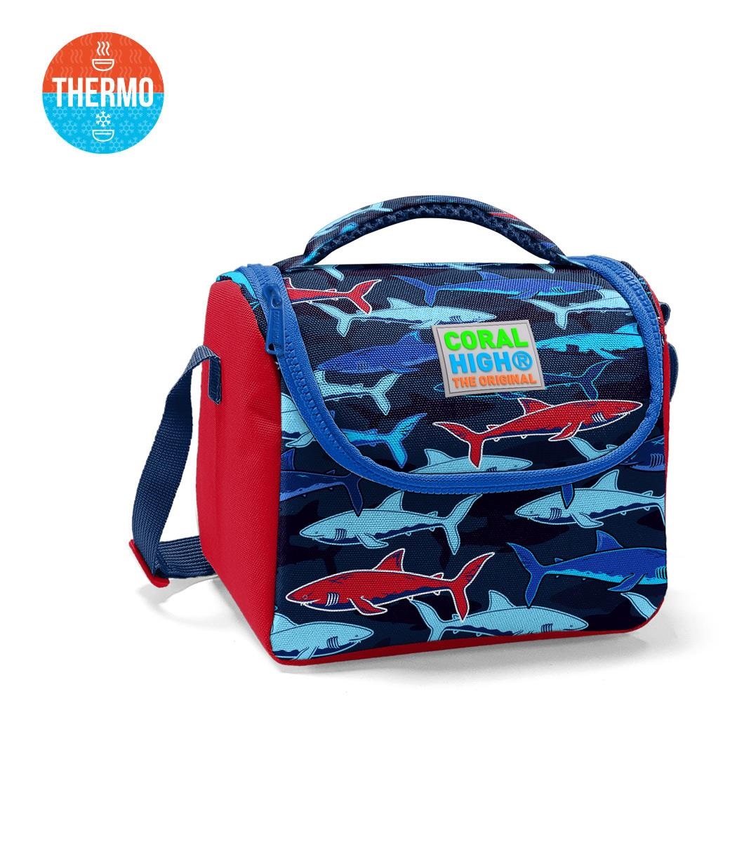Coral High Kids Thermal Lunch Bag - Navy Blue Red Shark Pattern