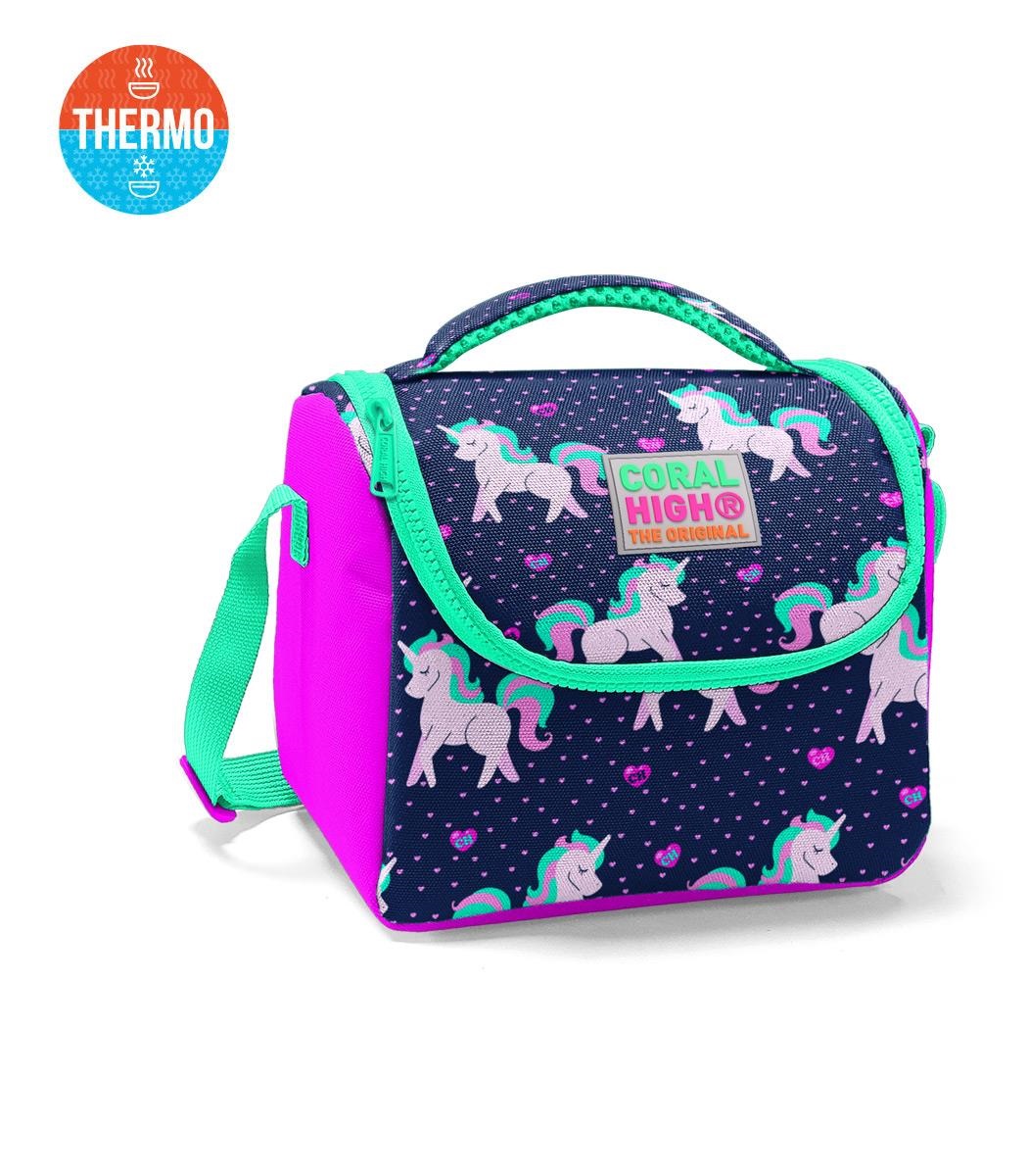 Coral High Kids Thermal Lunch Bag - Dark Blue Pink Unicorn Patterned