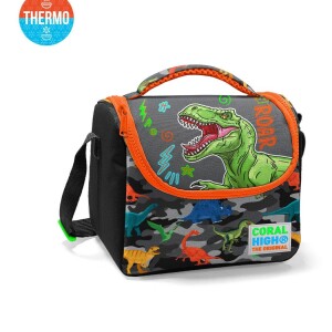 Coral High Kids Thermal Lunch Bag - Black Gray Dinosaur Patterned