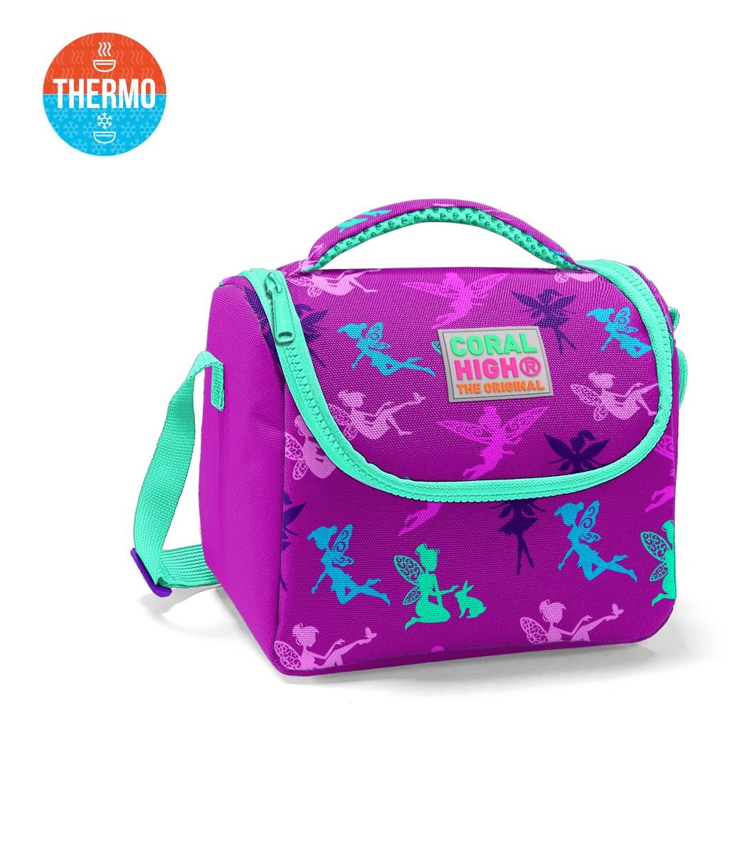 Coral High Kids Thermal Lunch Bag - Dark Pink Water Green Fairy Patterned