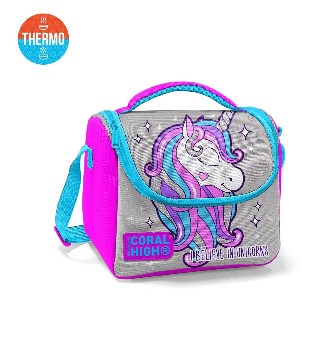 Coral High Kids Thermal Lunch Bag - Pink Silver Unicorn Patterned