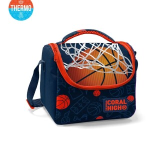 Coral High Kids Thermal Lunch Bag - Dark Blue Orange Basketball Pattern