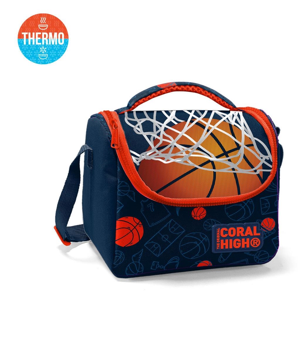 Coral High Kids Thermal Lunch Bag - Dark Blue Orange Basketball Pattern