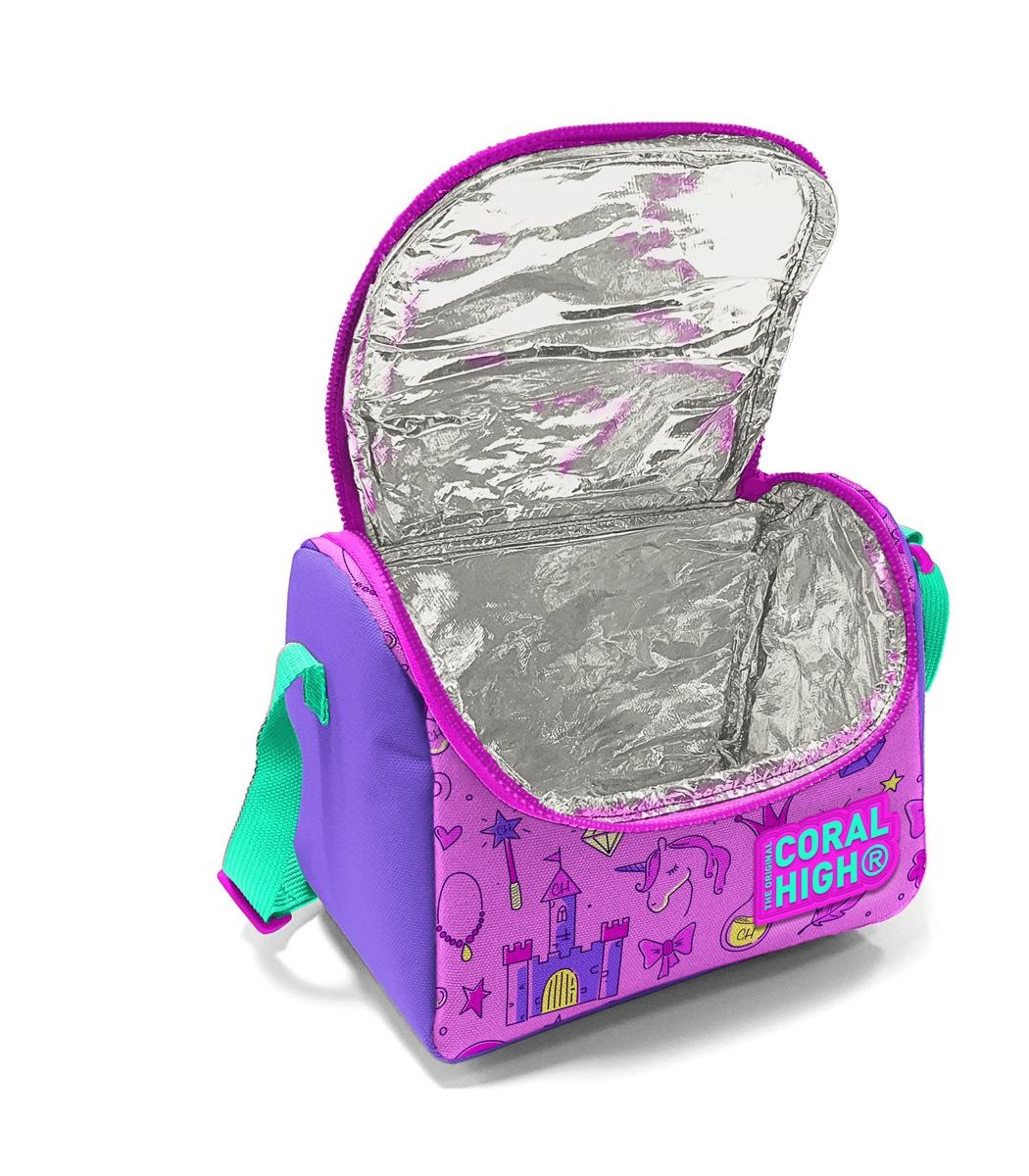 Coral High Kids Thermal Lunch Bag - Light Pink Purple Unicorn Princess Pattern