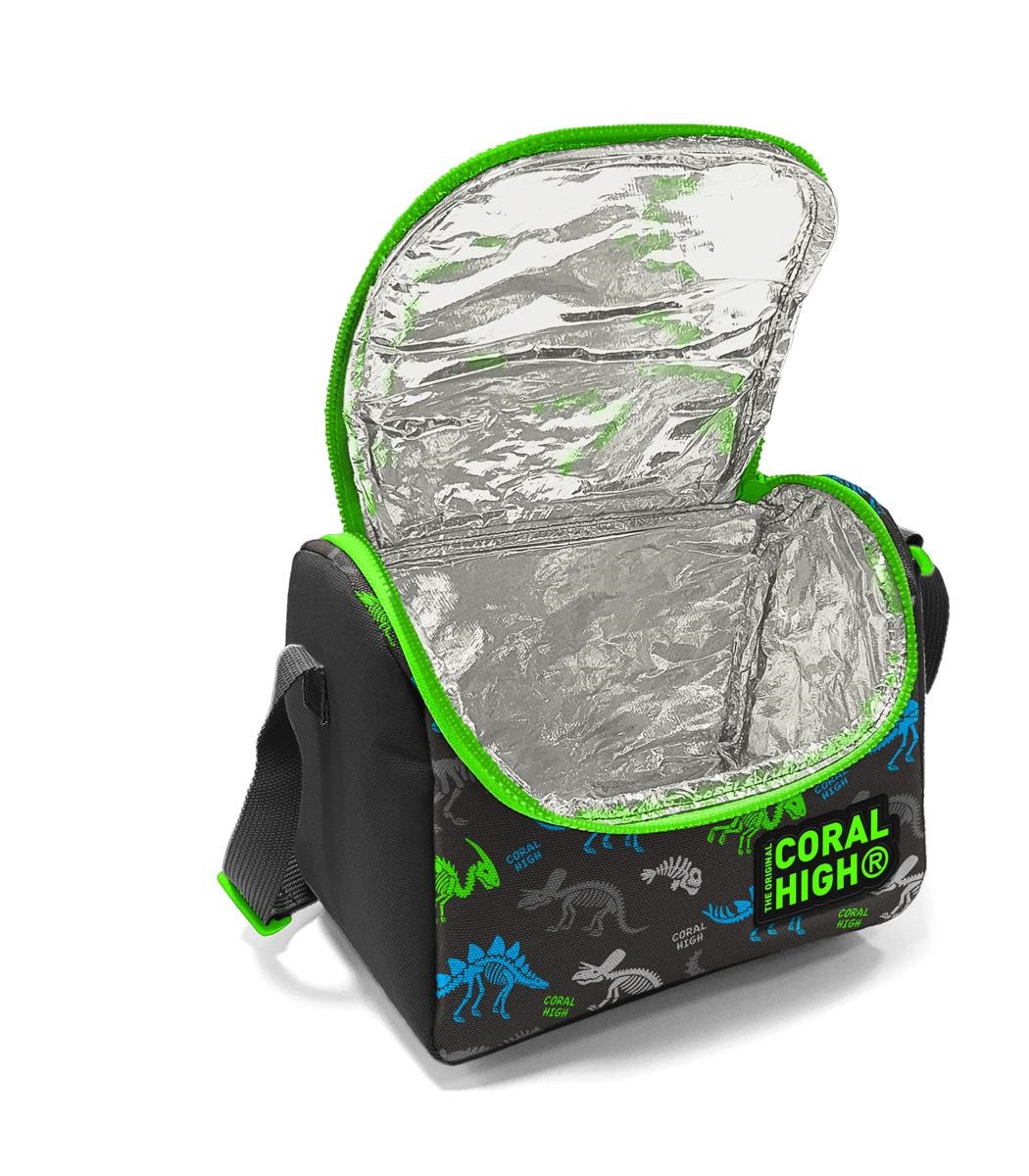 Coral High Kids Thermal Lunch Bag - Gray Dinosaur Patterned