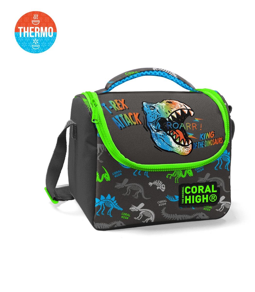 Coral High Kids Thermal Lunch Bag - Gray Dinosaur Patterned