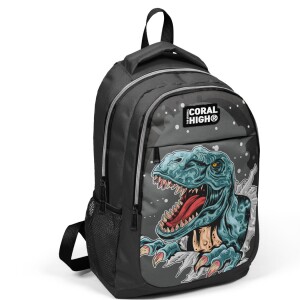 Coral High Kids Three Compartment School Backpack - Dark Gray Black Dinosaur Patterned