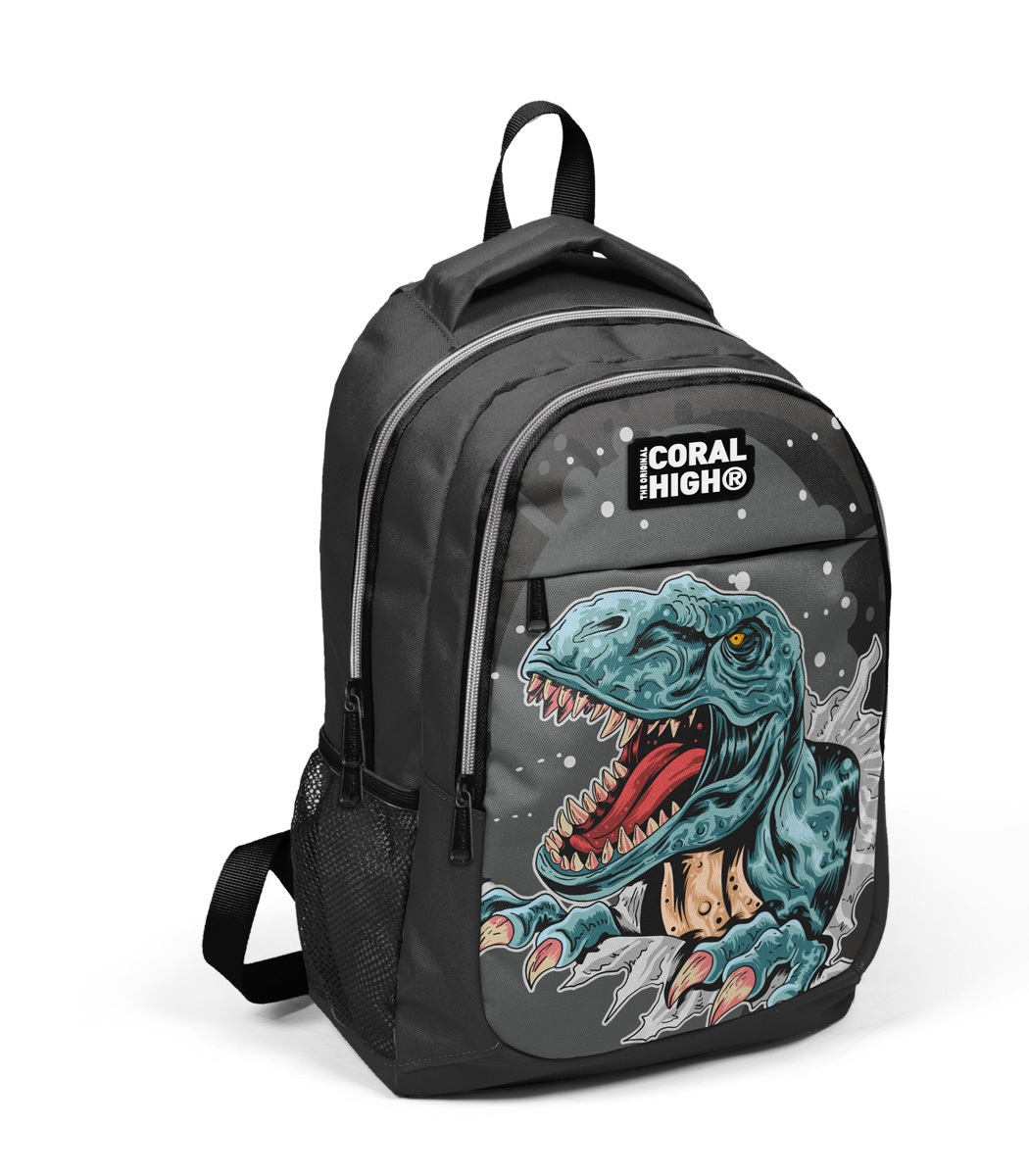 Coral High Kids Three Compartment School Backpack - Dark Gray Black Dinosaur Patterned