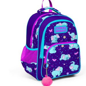 Coral High Kids Three Compartment School Backpack - Purple Pink Elephant Patterned