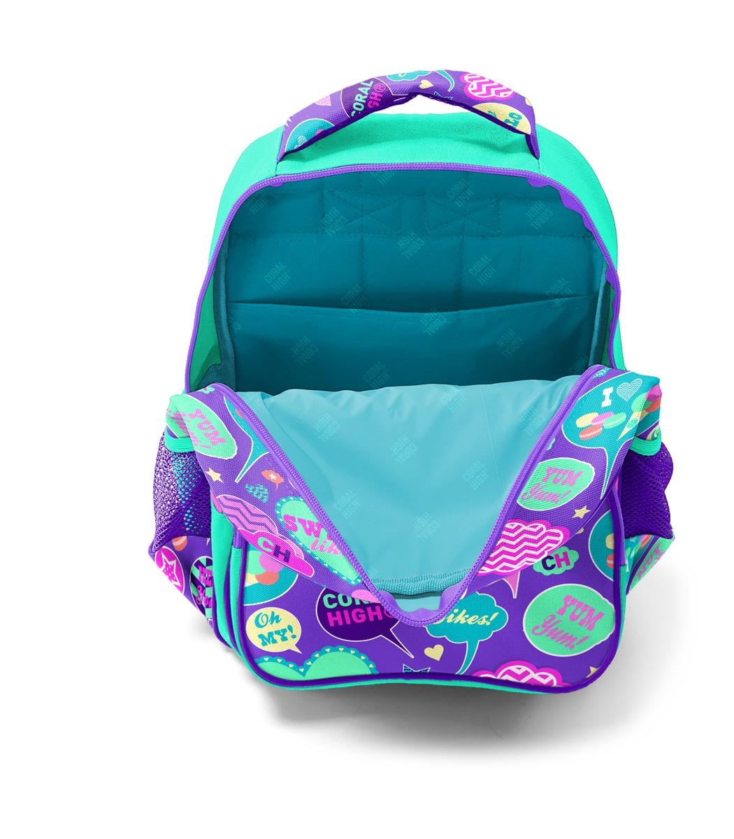 Coral High Kids Three Compartment School Backpack - Water Green Purple Patterned