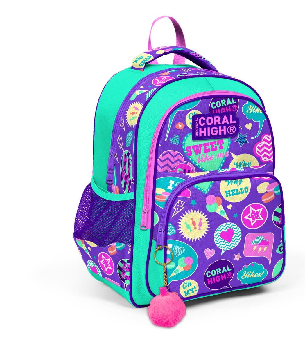 Coral High Kids Three Compartment School Backpack - Water Green Purple Patterned