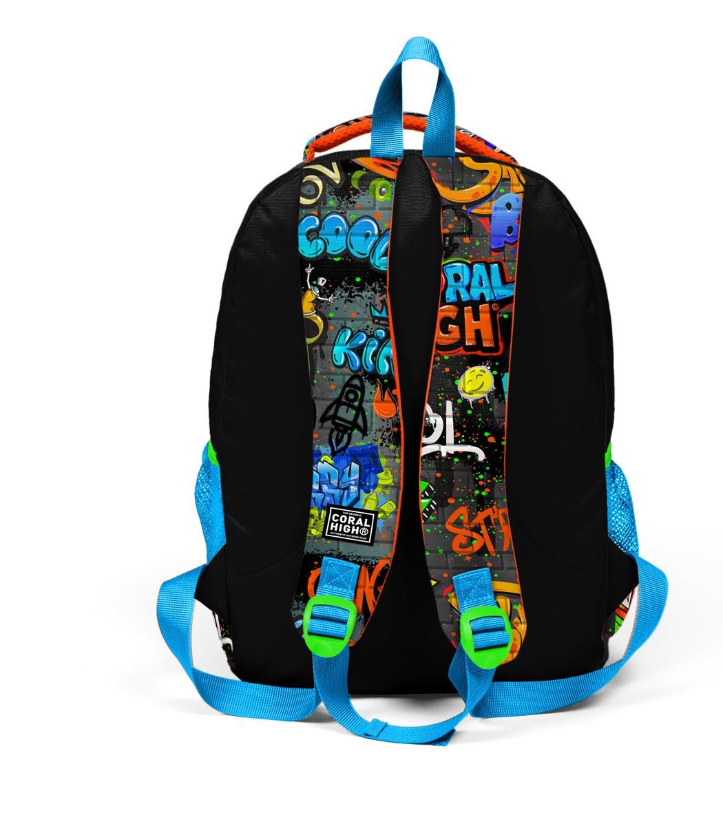 Coral High Kids Three Compartment School Backpack - Black Blue Graffiti Patterned