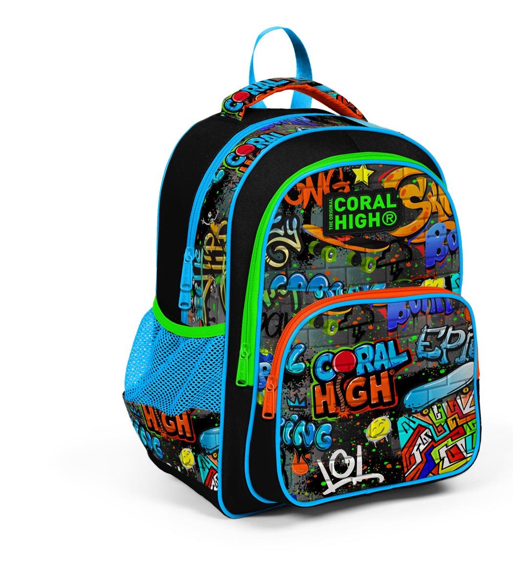 Coral High Kids Three Compartment School Backpack - Black Blue Graffiti Patterned