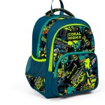 Coral High Kids Three Compartment School Backpack - Nefti Black Repair Set Patterned