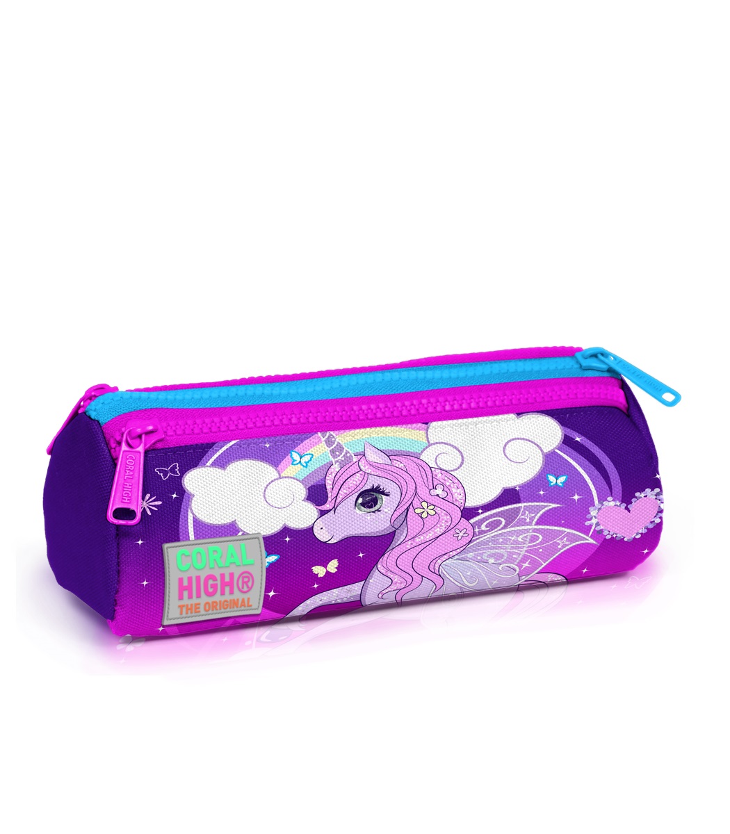 Coral High Kids Three Compartment Pencil case - Purple Pink Unicorn Patterned