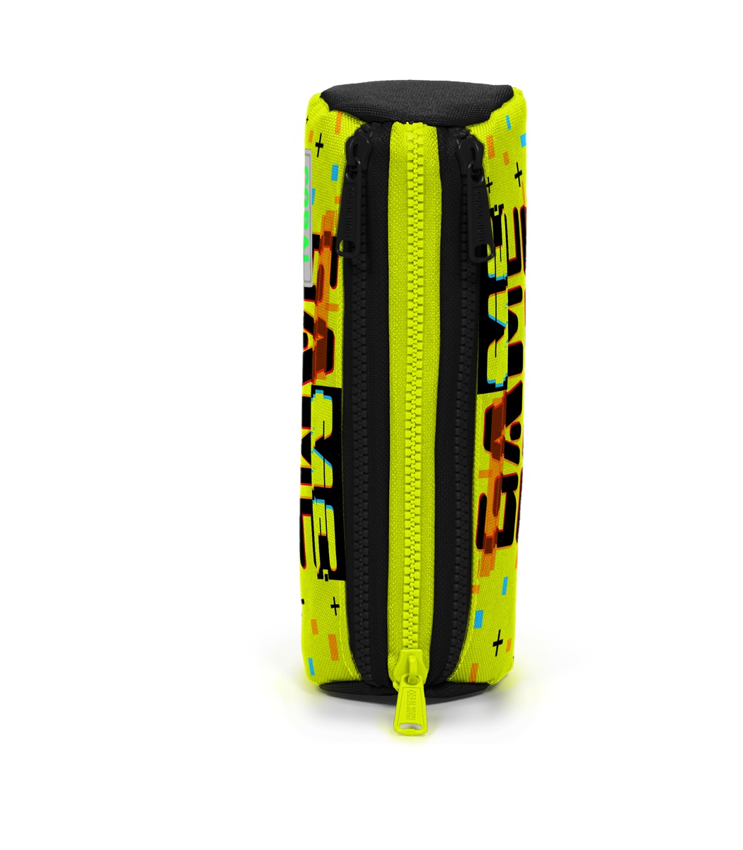 Coral High Kids Three Compartment Pencil case - Black Neon Yellow Game Over Patterned