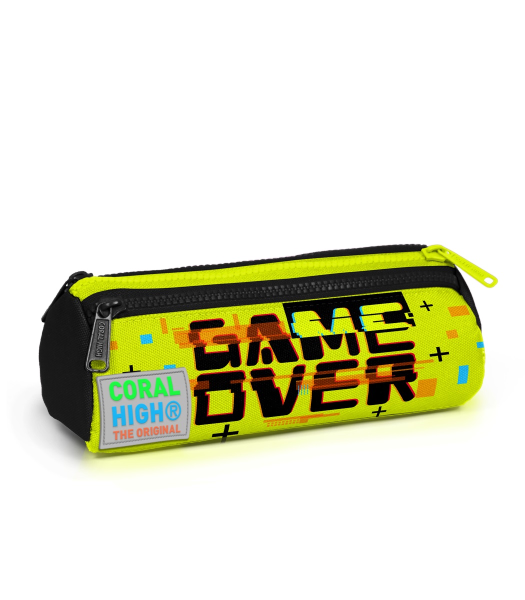 Coral High Kids Three Compartment Pencil case - Black Neon Yellow Game Over Patterned