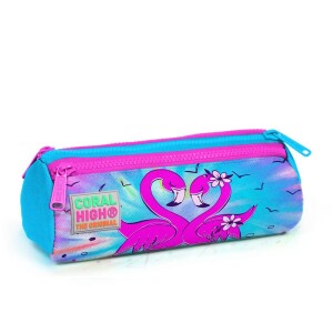 Coral High Kids Three Compartment Pencil case - Blue Pink Flamingo Patterned