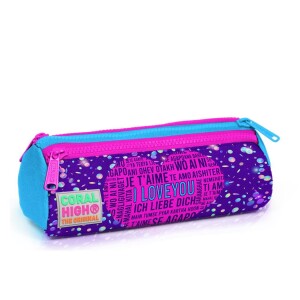 Coral High Kids Three Compartment Pencil case - Purple Blue Pink Heart Patterned