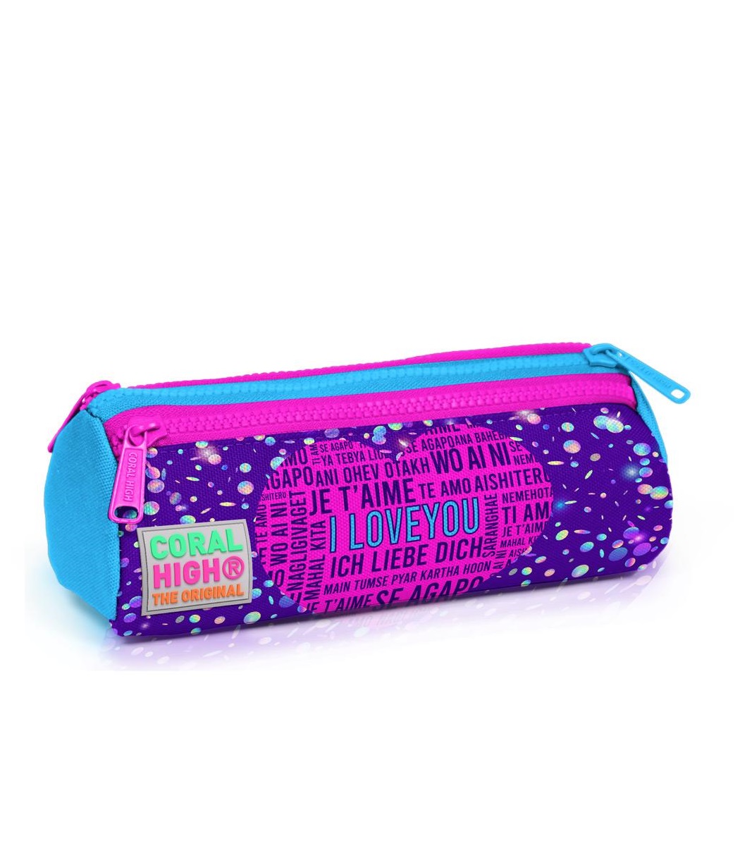 Coral High Kids Three Compartment Pencil case - Purple Blue Pink Heart Patterned