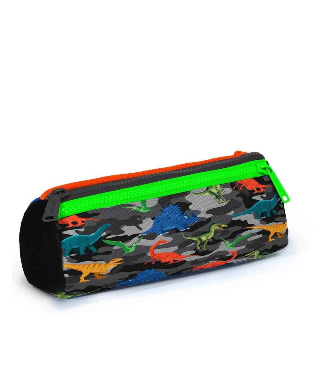 Coral High Kids Three Compartment Pencil case - Black Gray Dinosaur Patterned