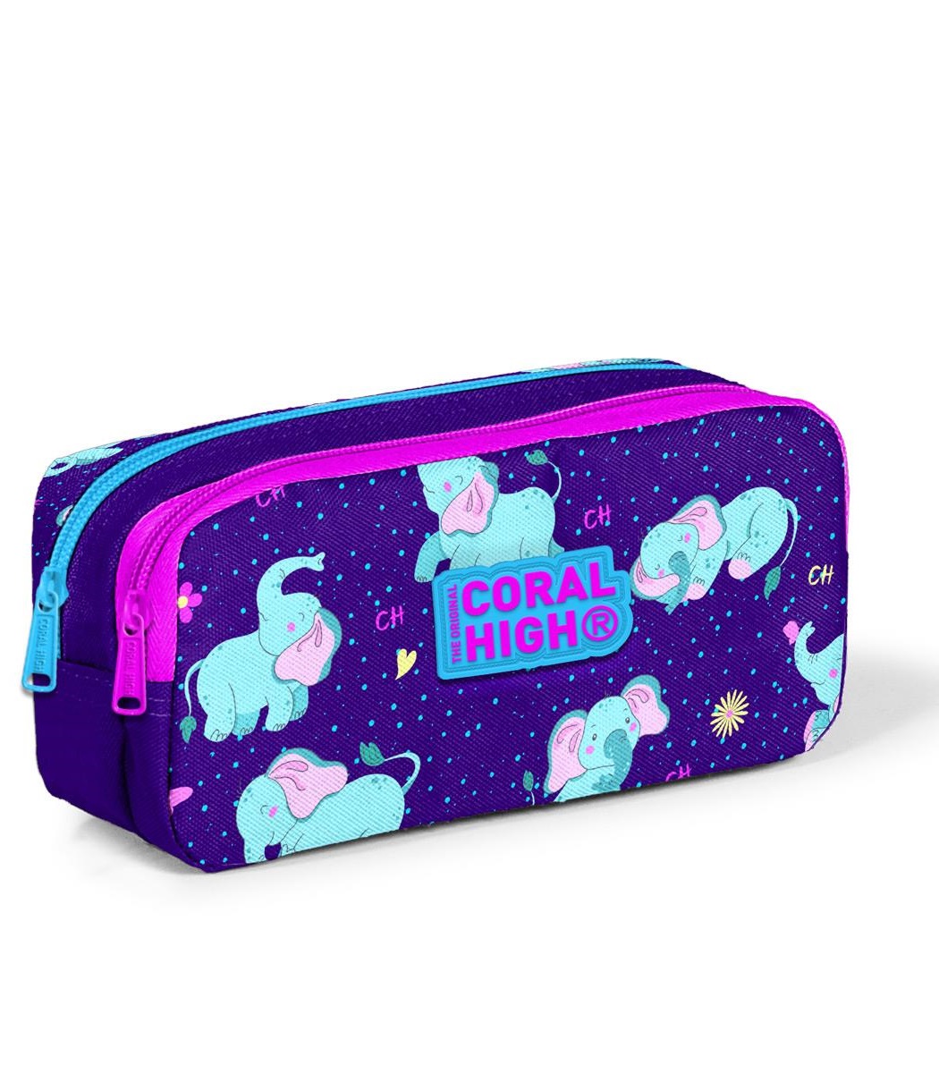 Coral High Kids Two Compartment Pencil case - Purple Pink Elephant Patterned