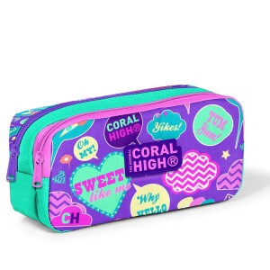 Coral High Kids Two Compartment Pencil case - Water Green Purple Patterned