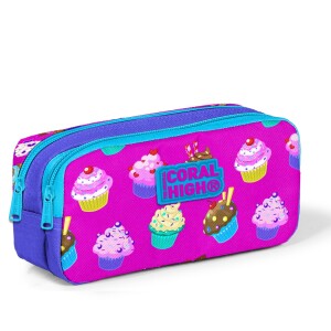Coral High Kids Two Compartment Pencil case - Lavender Pink Cupcake Patterned