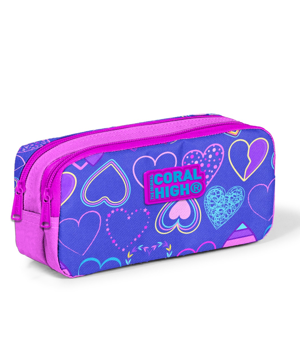 Coral High Kids Two Compartment Pencil case - Light Pink Lavender Heart Patterned
