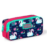 Coral High Kids Two Compartment Pencil case - Neon Coral Navy Blue Swan Patterned