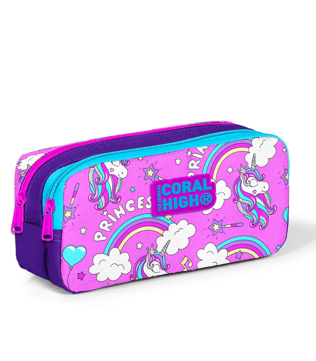 Coral High Kids Two Compartment Pencil case - Purple Light Pink Unicorn Patterned