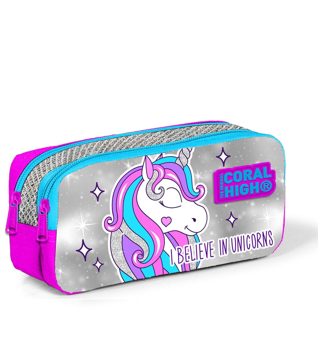 Coral High Kids Two Compartment Pencil case - Pink Silver Glitter Unicorn Patterned