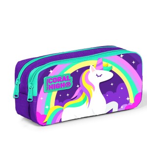 Coral High Kids Two Compartment Pencil case - Purple Water Green Unicorn Patterned