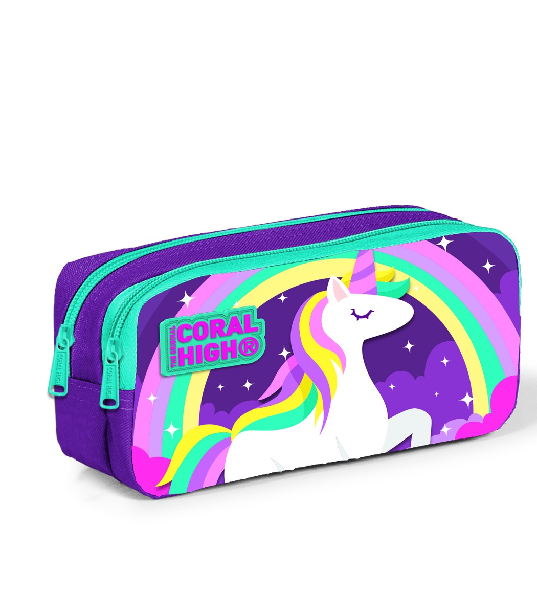 Coral High Kids Two Compartment Pencil case - Purple Water Green Unicorn Patterned
