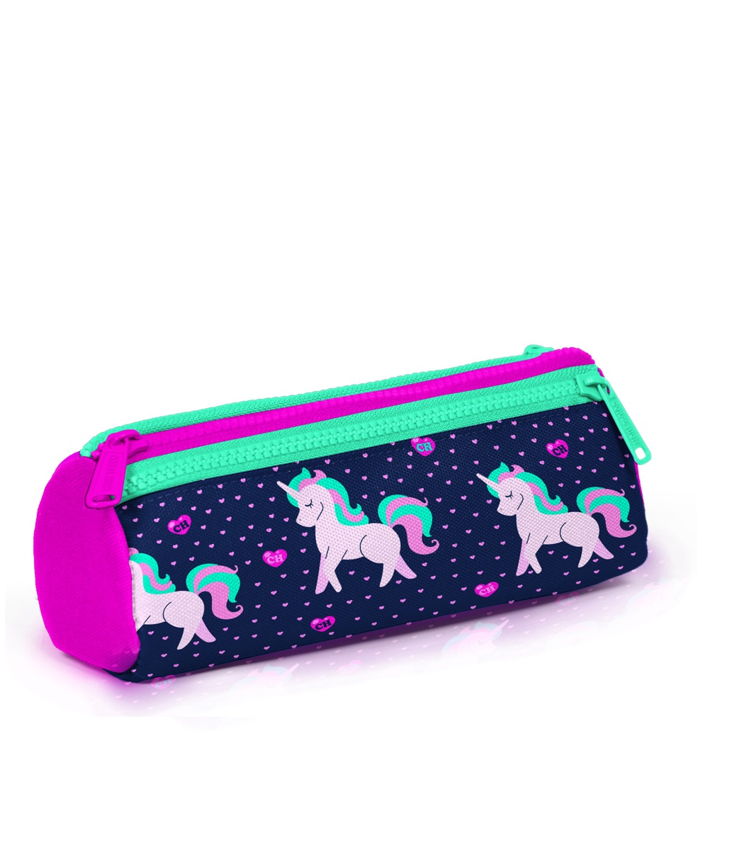 Coral High Kids Three Compartment Pencil case - Navy Pink Unicorn Patterned