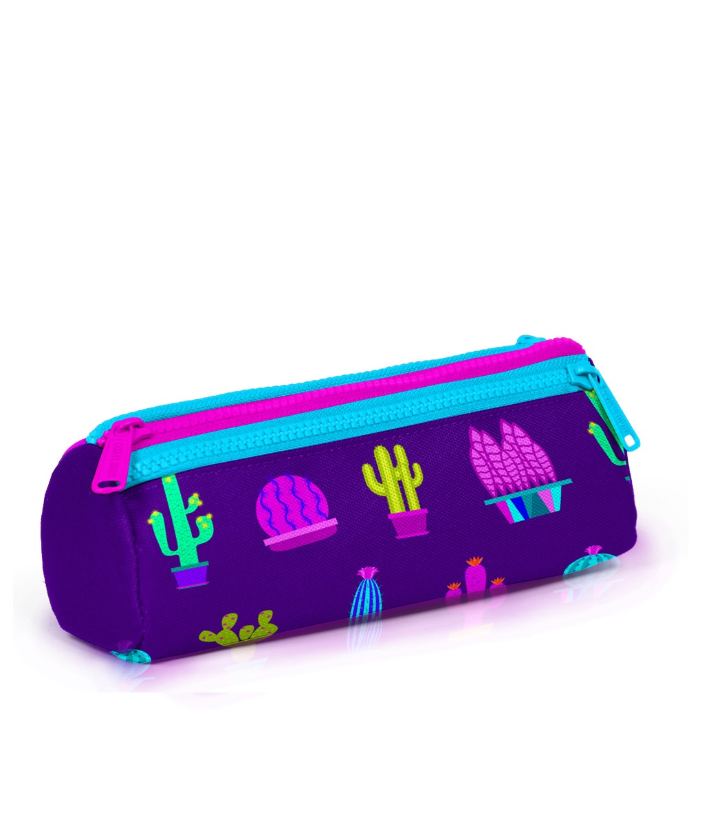 Coral High Kids Three Compartment Pencil case - Purple Pink Cactus Patterned