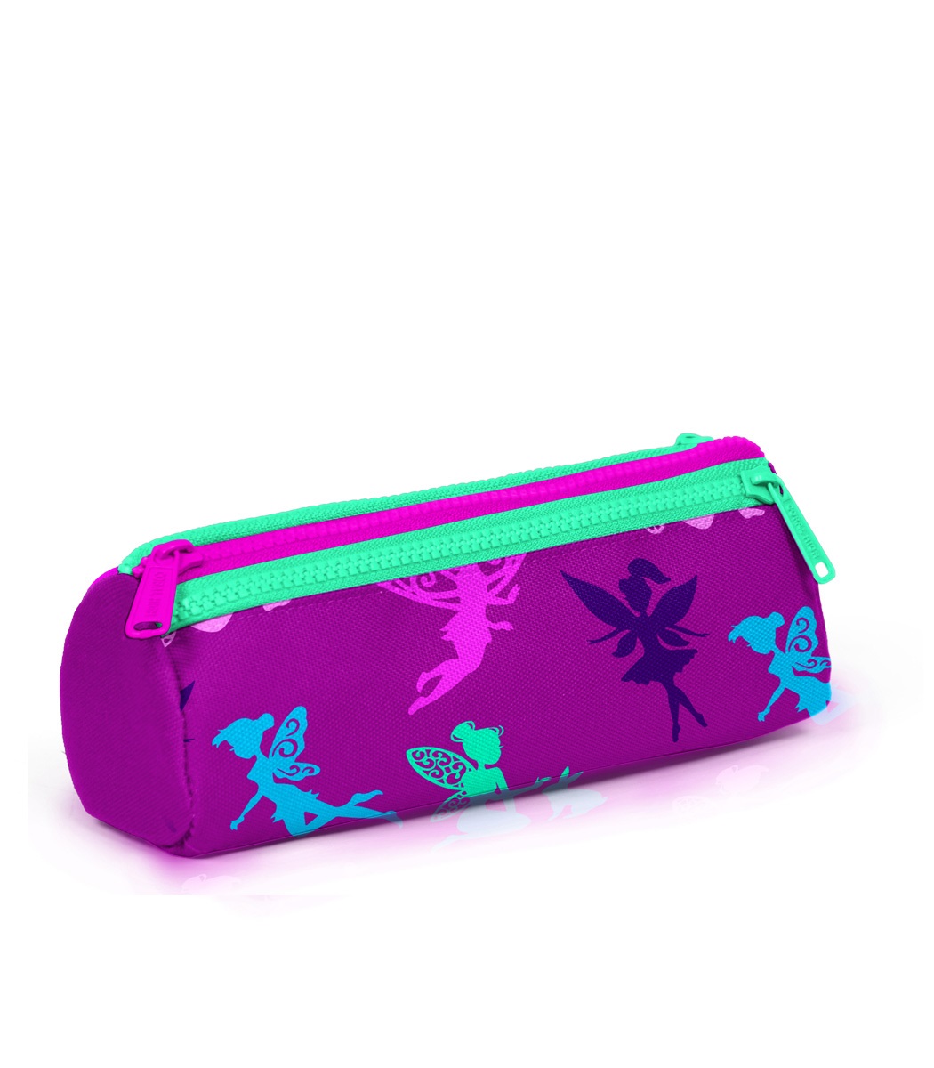 Coral High Kids Three Compartment Pencil case - Dark Pink Water Green Fairy Patterned