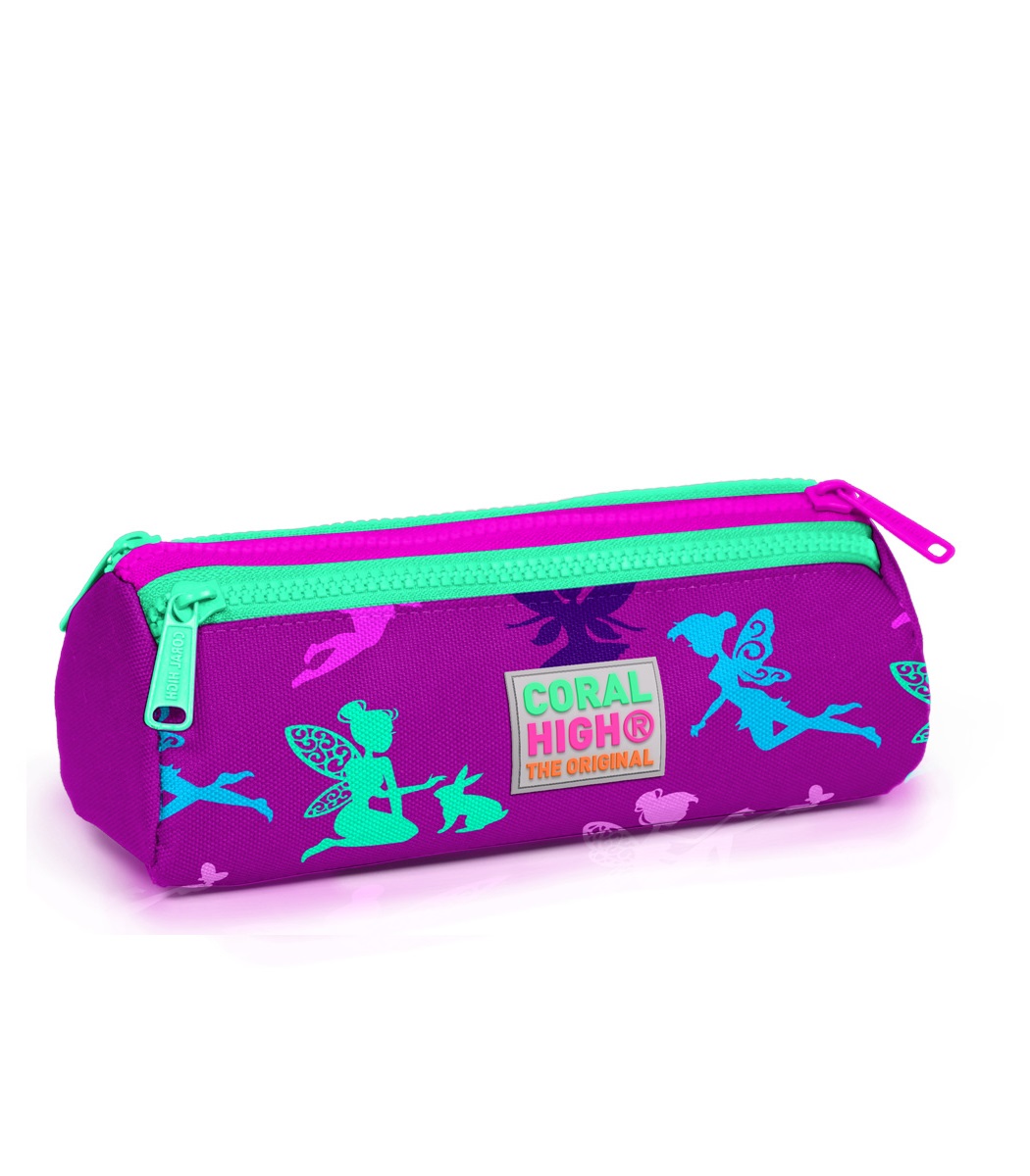 Coral High Kids Three Compartment Pencil case - Dark Pink Water Green Fairy Patterned