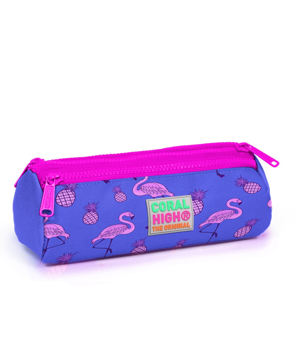 Coral High Kids Three Compartment Pencil case - Lavender Pink Flamingo Patterned