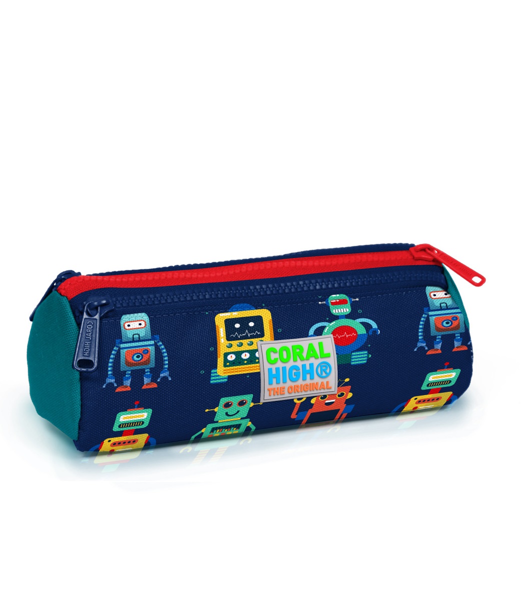 Coral High Kids Three Compartment Pencil case - Navy Blue Civit Robot Patterned
