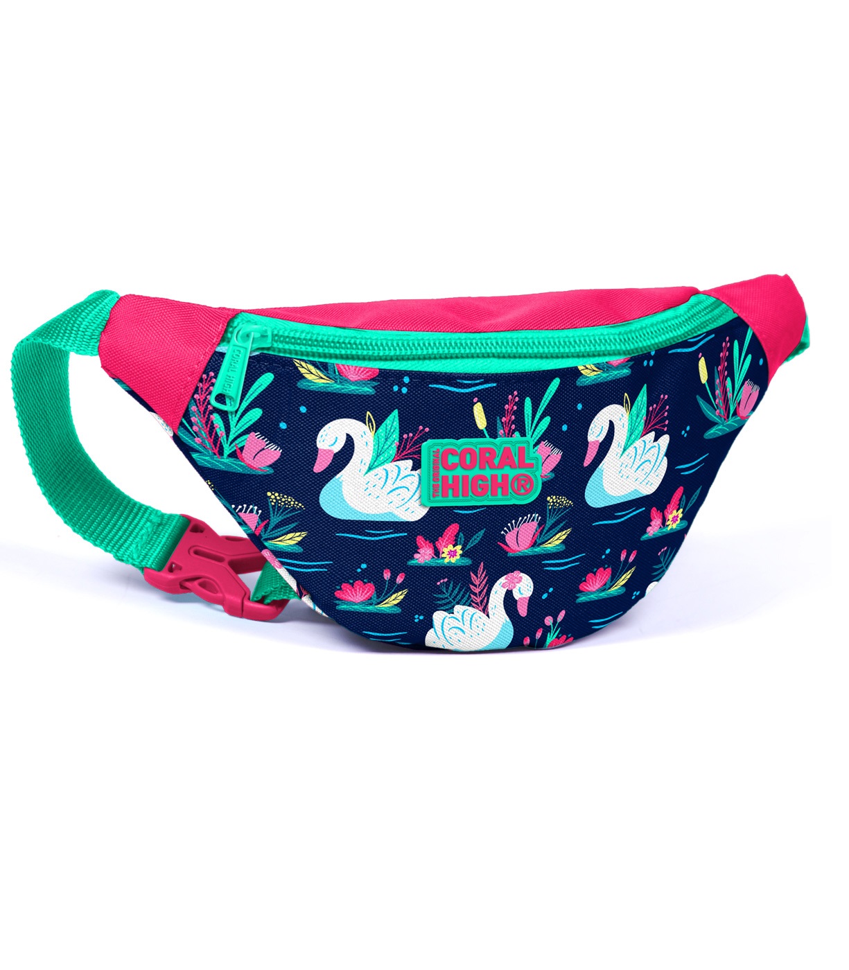 Coral High Kids Waist Bag - Neon Coral Navy Blue Swan Patterned