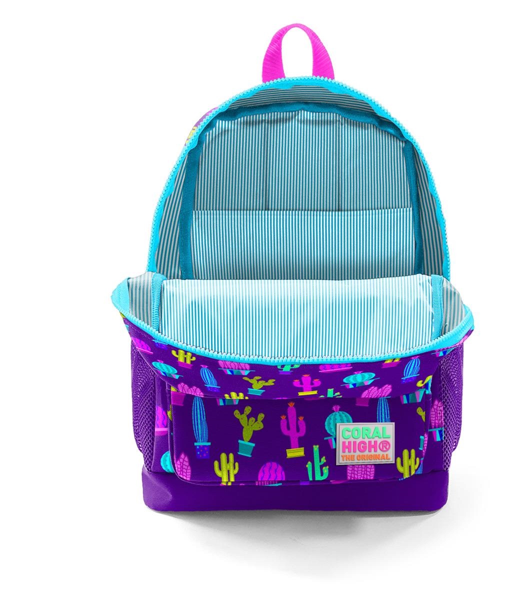 Coral High Kids Four Compartment School Backpack - Purple Pink Cactus Patterned