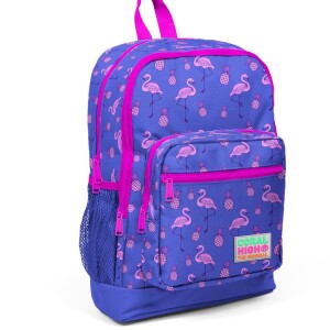 Coral High Kids Four Compartment School Backpack - Lavender Pink Flamingo Patterned