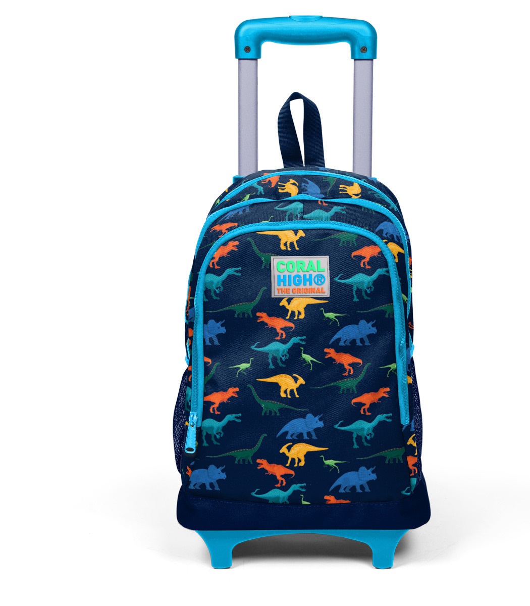 Coral High Kids Three Compartment Squeegee School Backpack - Navy Blue Dinosaur Patterned