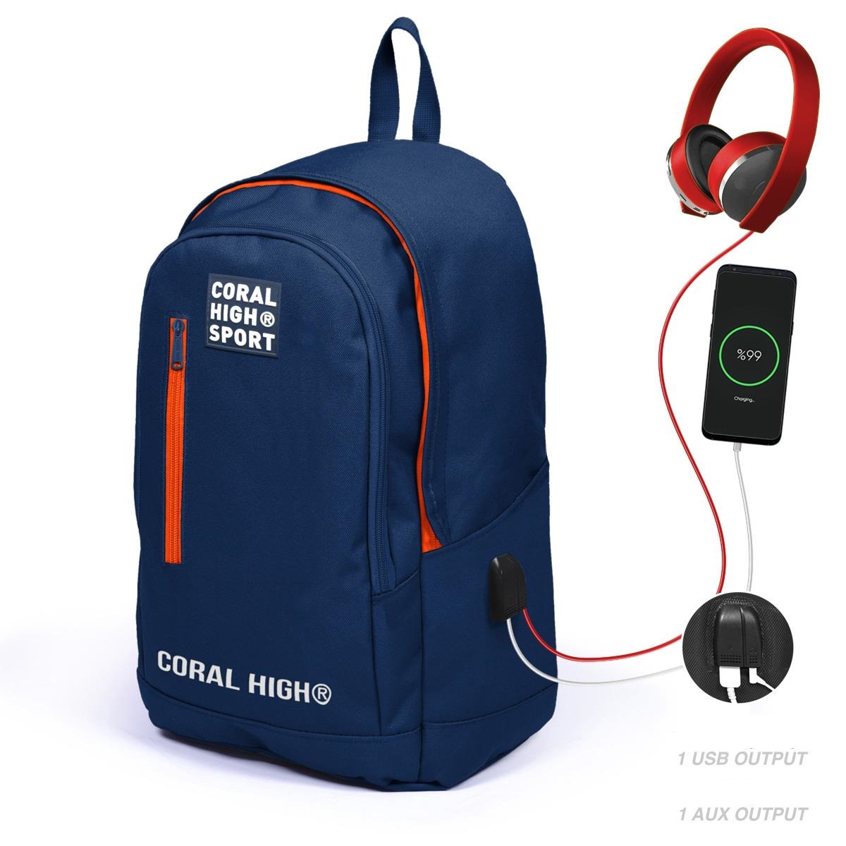 Coral High Sport Three Compartment USB Backpack - Navy Blue Neon Orange