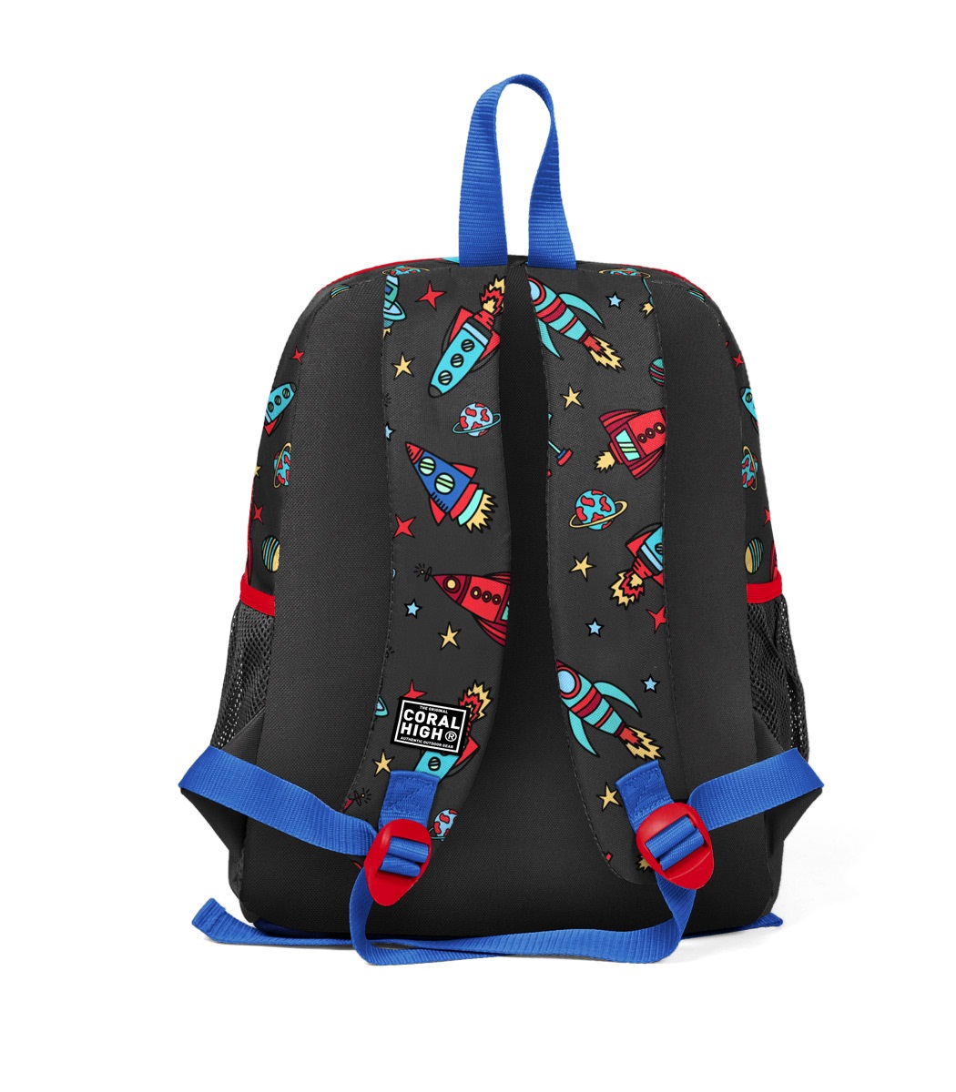 Coral High Kids Two Compartment Backpack - Dark Gray Red Space Pattern