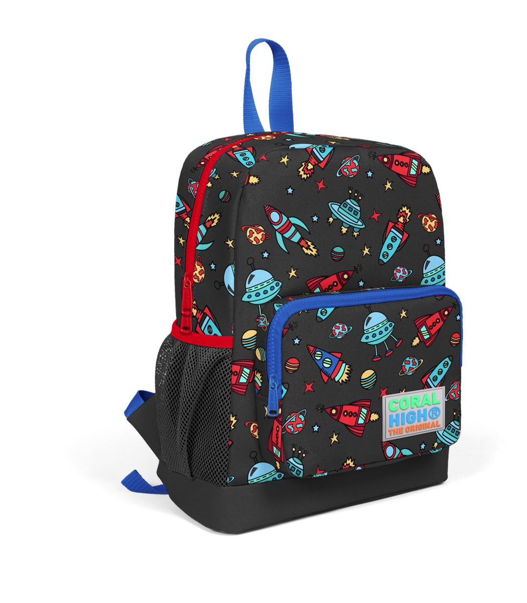 Coral High Kids Two Compartment Backpack - Dark Gray Red Space Pattern